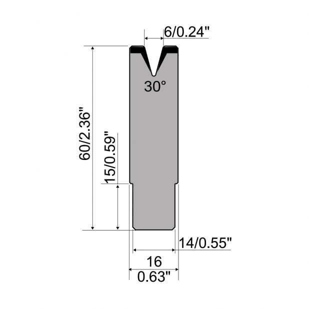 Zentrische 1-V Matrize R1 mit Höhe=60mm, α=30°, Radius=0,6mm, Material=C45, Max. Presskraft=1000kN/m.