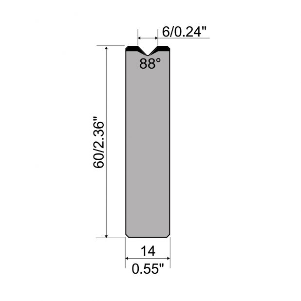 Zentrische 1-V Matrize R1 mit Höhe=60mm, α=88°, Radius=0,8mm, Material=C45, Max. Presskraft=1000kN/m.