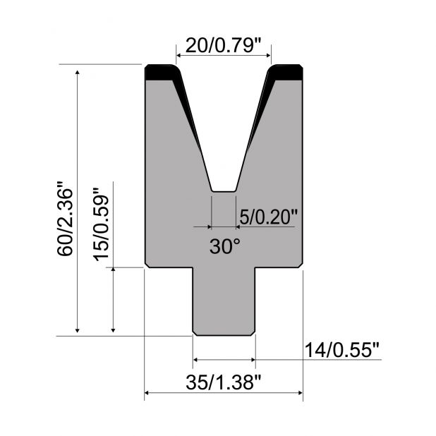 Zentrische 1-V Matrize R1 mit Höhe=60mm, α=30°, Radius=2,5mm, Material=C45, Max. Presskraft=1000kN/m.