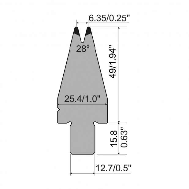 Matrize R5 American mit Arbeitshöhe=49mm, α=28°, Radius=12.7mm, Material=42cr, Max. Presskraft=900kN/m.