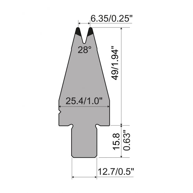 Matrize R5 American mit Arbeitshöhe=49mm, α=28°, Radius=0.8mm, Material=42Cr, Max. Presskraft=450kN/m.