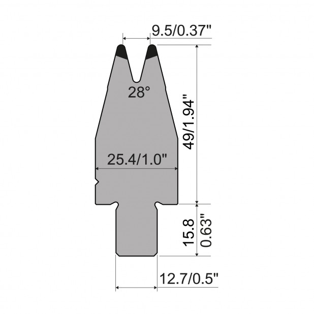Matrize R5 American mit Arbeitshöhe=49mm, α=28°, Radius=1.2mm, Material=42Cr, Max. Presskraft=600kN/m.