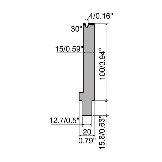 Matrize R5 American mit Arbeitshöhe=100mm, α=30°, Radius=0.6mm, Material=42cr, Max. Presskraft=150kN/m.