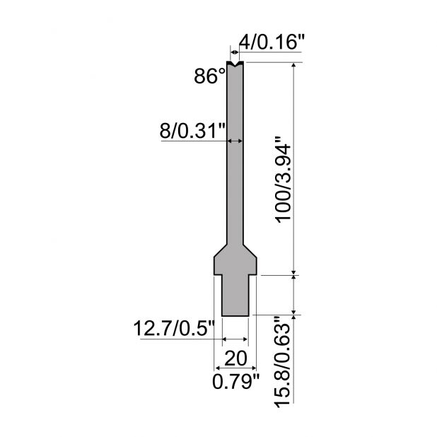 Matrize R5 American mit Arbeitshöhe=100mm, α=86°, Radius=0.6mm, Material=42cr, Max. Presskraft=250kN/m.
