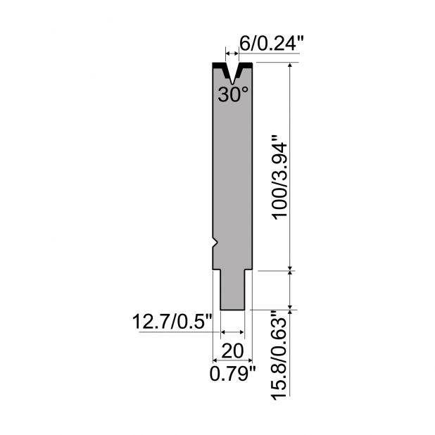 Matrize R5 American mit Arbeitshöhe=100mm, α=30°, Radius=0.6mm, Material=42cr, Max. Presskraft=400kN/m.