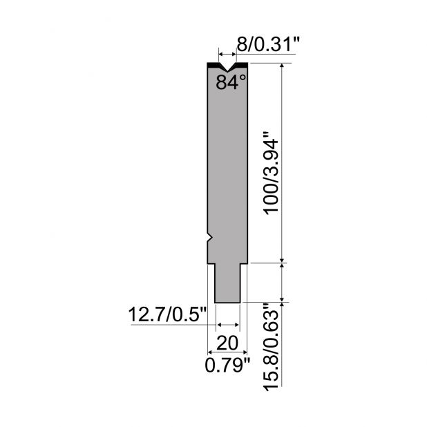 Matrize R5 American mit Arbeitshöhe=100mm, α=84°, Radius=0.8mm, Material=42cr, Max. Presskraft=1150kN/m.
