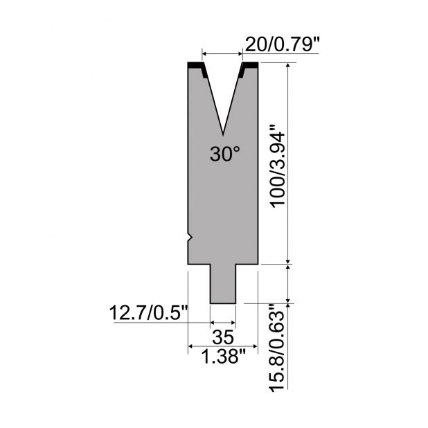 Matrize R5 American mit Arbeitshöhe=100mm, α=30°, Radius=2mm, Material=42cr, Max. Presskraft=600kN/m.