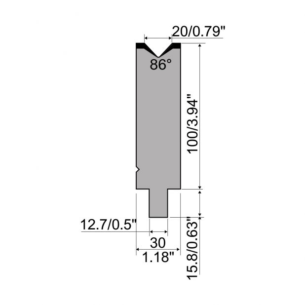 Matrize R5 American mit Arbeitshöhe=100mm, α=86°, Radius=2mm, Material=42cr, Max. Presskraft=1150kN/m.