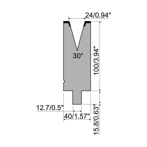 Matrize R5 American mit Arbeitshöhe=100mm, α=30°, Radius=2.5mm, Material=42cr, Max. Presskraft=650kN/m.
