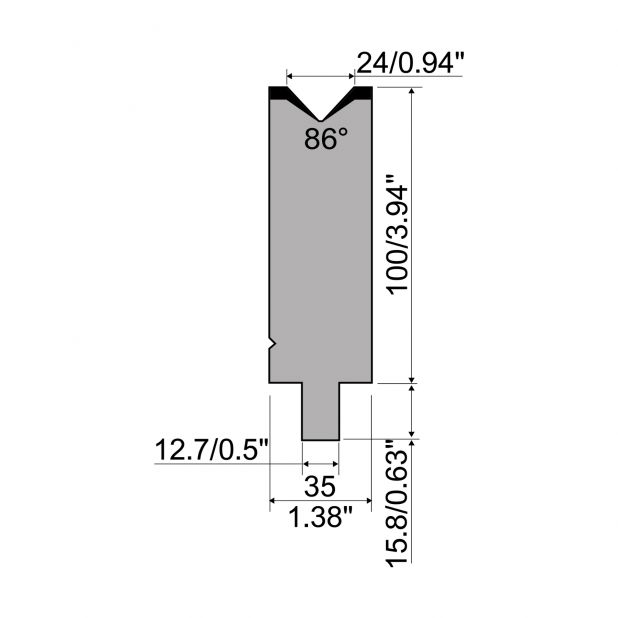 Matrize R5 American mit Arbeitshöhe=100mm, α=86°, Radius=2.5mm, Material=42cr, Max. Presskraft=1200kN/m.