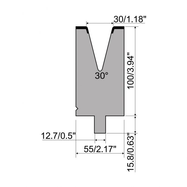 Matrize R5 American mit Arbeitshöhe=100mm, α=30°, Radius=3mm, Material=42cr, Max. Presskraft=900kN/m.
