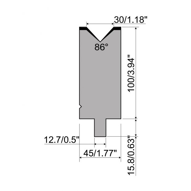 Matrize R5 American mit Arbeitshöhe=100mm, α=86°, Radius=3mm, Material=42cr, Max. Presskraft=1200kN/m.