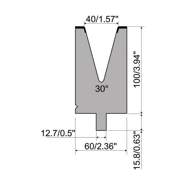 Matrize R5 American mit Arbeitshöhe=100mm, α=30°, Radius=5mm, Material=42cr, Max. Presskraft=900kN/m.