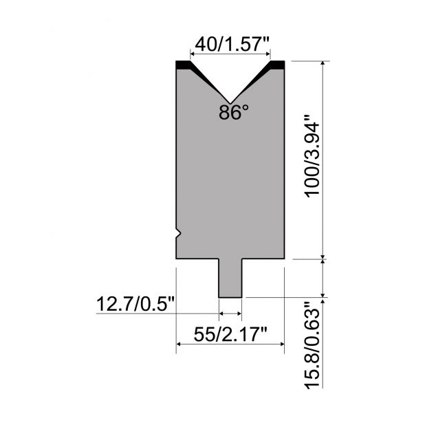 Matrize R5 American mit Arbeitshöhe=100mm, α=86°, Radius=3mm, Material=42cr, Max. Presskraft=1200kN/m.