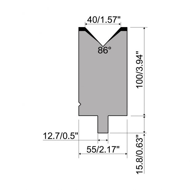 Matrize R5 American mit Arbeitshöhe=100mm, α=86°, Radius=3mm, Material=42cr, Max. Presskraft=1200kN/m.