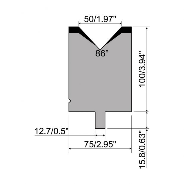Matrize R5 American mit Arbeitshöhe=100mm, α=86°, Radius=3mm, Material=42cr, Max. Presskraft=1500kN/m.