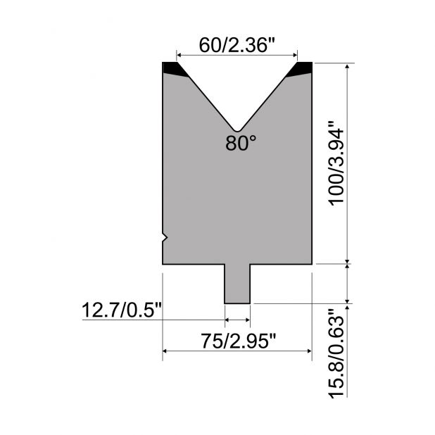 Matrize R5 American mit Arbeitshöhe=100mm, α=80°, Radius=5mm, Material=42cr, Max. Presskraft=1500kN/m.