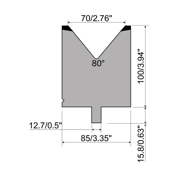 Matrize R5 American mit Arbeitshöhe=100mm, α=80°, Radius=5mm, Material=42cr, Max. Presskraft=1500kN/m.
