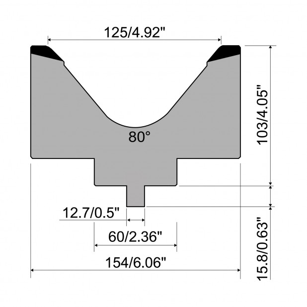 Matrize R5 American mit Arbeitshöhe=103mm, α=80°, Radius=15mm, Material=C45, Max. Presskraft=1000kN/m.