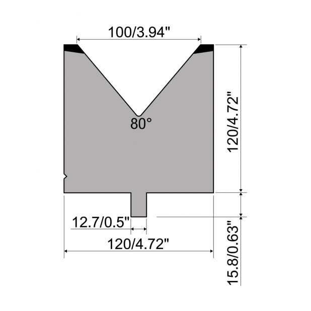 Matrize R5 American mit Arbeitshöhe=120mm, α=80°, Radius=8mm, Material=42cr, Max. Presskraft=1500kN/m.