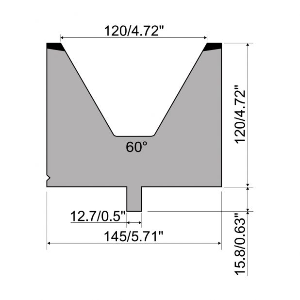 Matrize R5 American mit Arbeitshöhe=120mm, α=60°, Radius=8mm, Material=42cr, Max. Presskraft=1600kN/m.