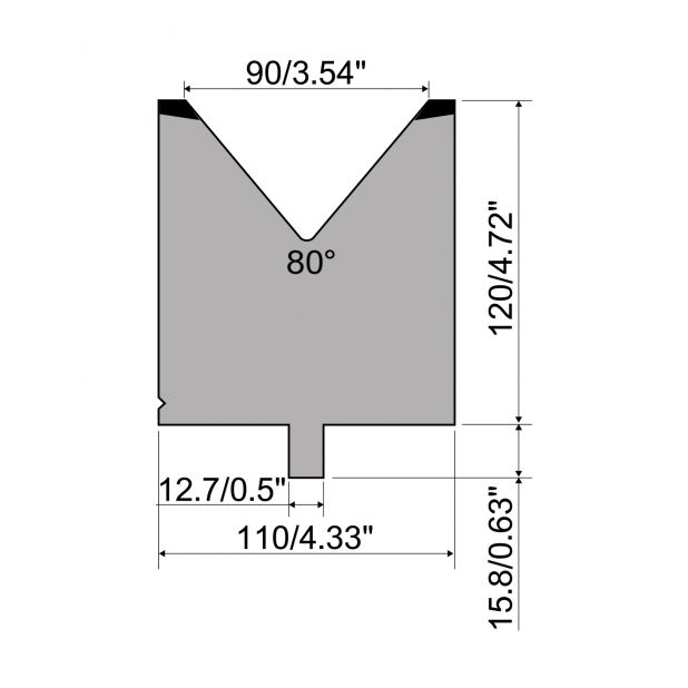 Matrize R5 American mit Arbeitshöhe=120mm, α=80°, Radius=8mm, Material=42cr, Max. Presskraft=1500kN/m.