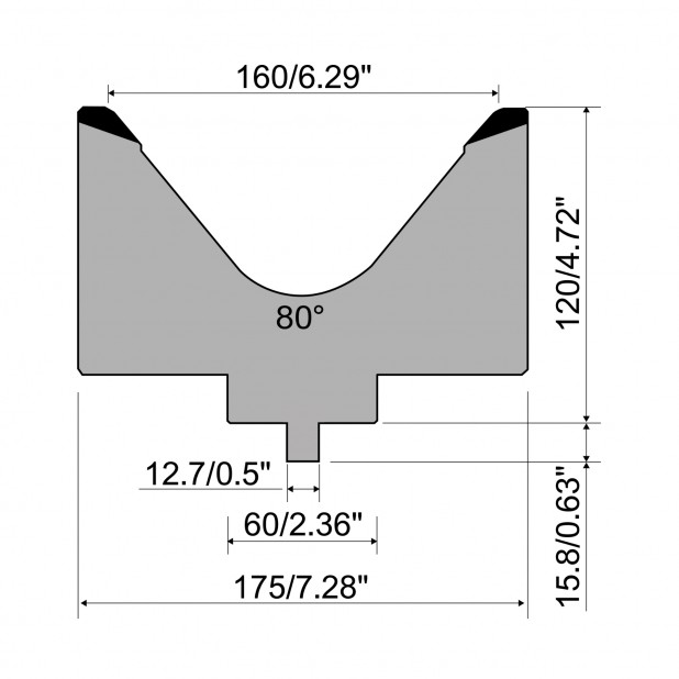 Matrize R5 American mit Arbeitshöhe=130mm, α=80°, Radius=16mm, Material=C45, Max. Presskraft=1000kN/m.