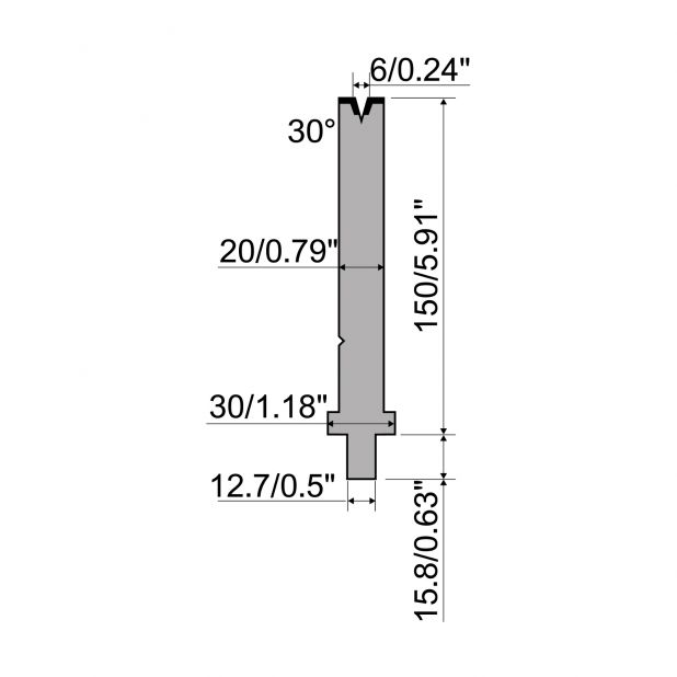 Matrize R5 American mit Arbeitshöhe=150mm, α=30°, Radius=0.6mm, Material=42cr, Max. Presskraft=400kN/m.