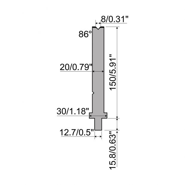 Matrize R5 American mit Arbeitshöhe=150mm, α=86°, Radius=0.8mm, Material=42cr, Max. Presskraft=400kN/m.
