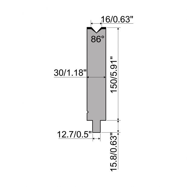 Matrize R5 American mit Arbeitshöhe=150mm, α=86°, Radius=1.6mm, Material=42cr, Max. Presskraft=700kN/m.