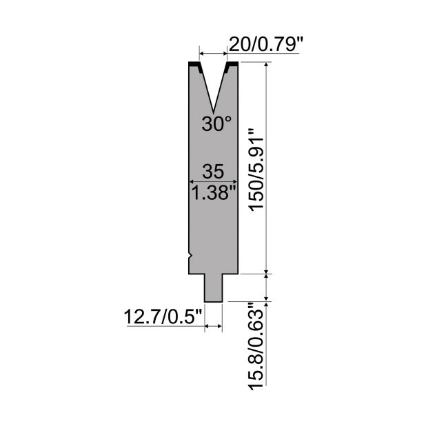 Matrize R5 American mit Arbeitshöhe=150mm, α=30°, Radius=2mm, Material=42cr, Max. Presskraft=600kN/m.
