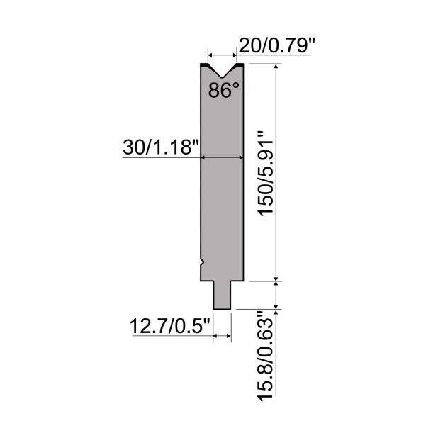 Matrize R5 American mit Arbeitshöhe=150mm, α=86°, Radius=2mm, Material=42cr, Max. Presskraft=700kN/m.