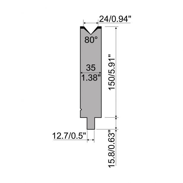 Matrize R5 American mit Arbeitshöhe=150mm, α=80°, Radius=2.5mm, Material=42cr, Max. Presskraft=700kN/m.