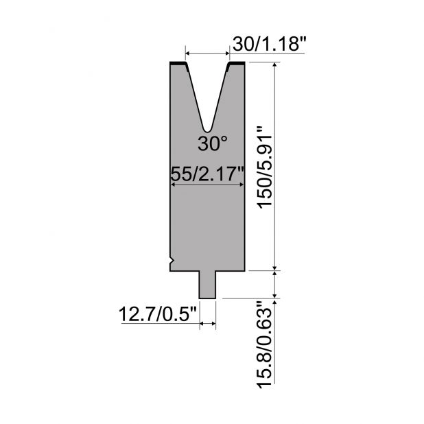 Matrize R5 American mit Arbeitshöhe=150mm, α=30°, Radius=3mm, Material=42cr, Max. Presskraft=900kN/m.