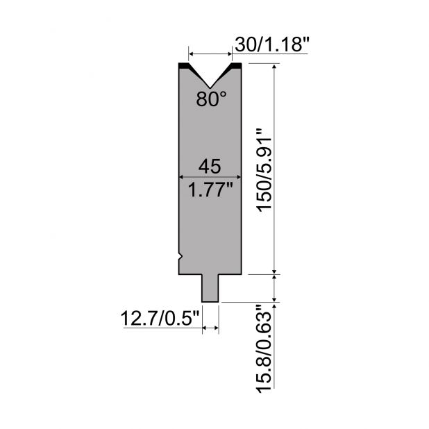 Matrize R5 American mit Arbeitshöhe=150mm, α=80°, Radius=5mm, Material=42cr, Max. Presskraft=900kN/m.