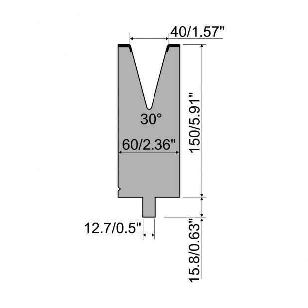 Matrize R5 American mit Arbeitshöhe=150mm, α=30°, Radius=5mm, Material=42cr, Max. Presskraft=900kN/m.