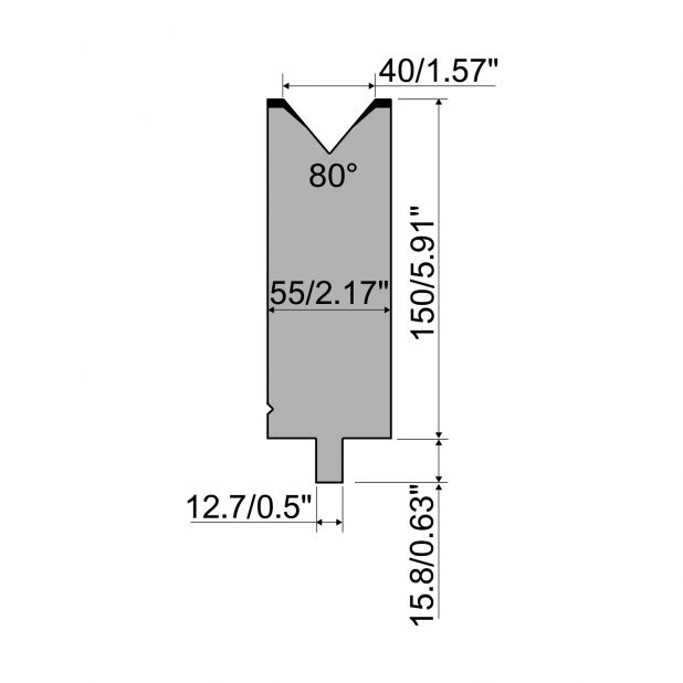 Matrize R5 American mit Arbeitshöhe=150mm, α=80°, Radius=5mm, Material=42cr, Max. Presskraft=1200kN/m.