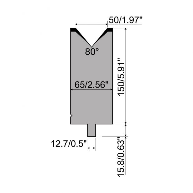 Matrize R5 American mit Arbeitshöhe=150mm, α=80°, Radius=5mm, Material=42cr, Max. Presskraft=1500kN/m.