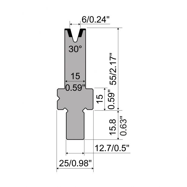 Matrize R5 American mit Arbeitshöhe=55mm, α=30°, Radius=0.6mm, Material=42cr, Max. Presskraft=350kN/m.