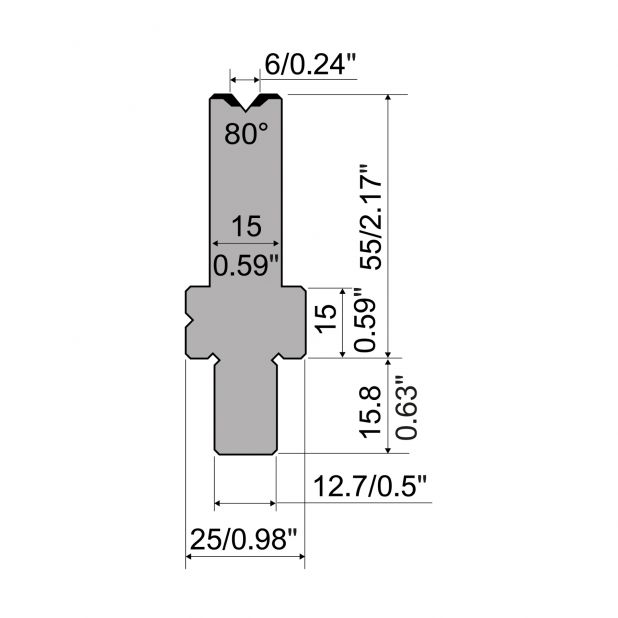 Matrize R5 American mit Arbeitshöhe=55mm, α=80°, Radius=0.4mm, Material=42cr, Max. Presskraft=1150kN/m.