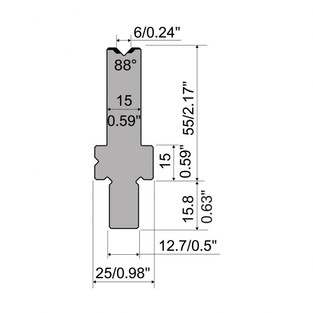 Matrize R5 American mit Arbeitshöhe=55mm, α=88°, Radius=0.4mm, Material=42cr, Max. Presskraft=1150kN/m.