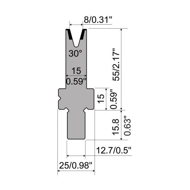 Matrize R5 American mit Arbeitshöhe=55mm, α=30°, Radius=0.8mm, Material=42cr, Max. Presskraft=200kN/m.