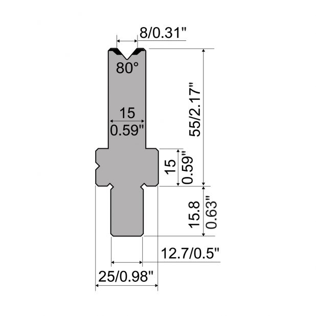 Matrize R5 American mit Arbeitshöhe=55mm, α=80°, Radius=0.5mm, Material=42cr, Max. Presskraft=1100kN/m.