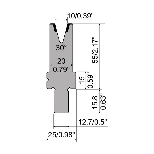 Matrize R5 American mit Arbeitshöhe=55mm, α=30°, Radius=1mm, Material=42cr, Max. Presskraft=350kN/m.