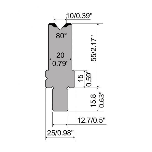 Matrize R5 American mit Arbeitshöhe=55mm, α=80°, Radius=1mm, Material=42cr, Max. Presskraft=1100kN/m.