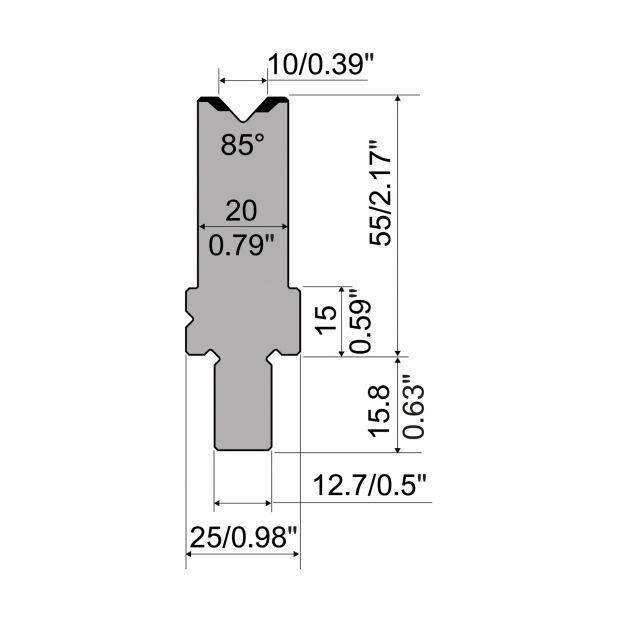 Matrize R5 American mit Arbeitshöhe=55mm, α=85°, Radius=1mm, Material=42cr, Max. Presskraft=1100kN/m.