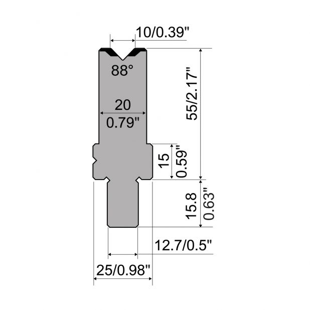 Matrize R5 American mit Arbeitshöhe=55mm, α=88°, Radius=1mm, Material=42cr, Max. Presskraft=1100kN/m.