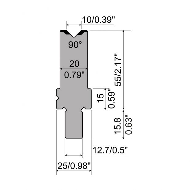 Matrize R5 American mit Arbeitshöhe=55mm, α=90°, Radius=1mm, Material=42cr, Max. Presskraft=1100kN/m.