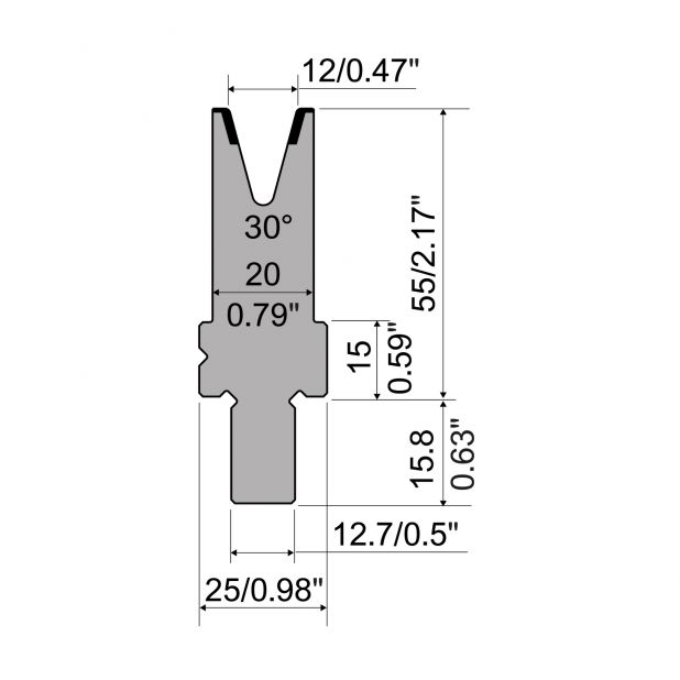 Matrize R5 American mit Arbeitshöhe=55mm, α=30°, Radius=1.5mm, Material=42cr, Max. Presskraft=300kN/m.