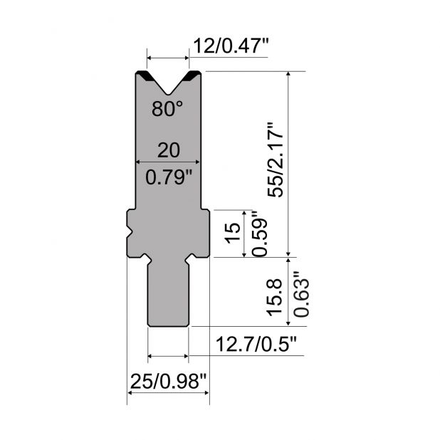 Matrize R5 American mit Arbeitshöhe=55mm, α=80°, Radius=1.5mm, Material=42cr, Max. Presskraft=1200kN/m.